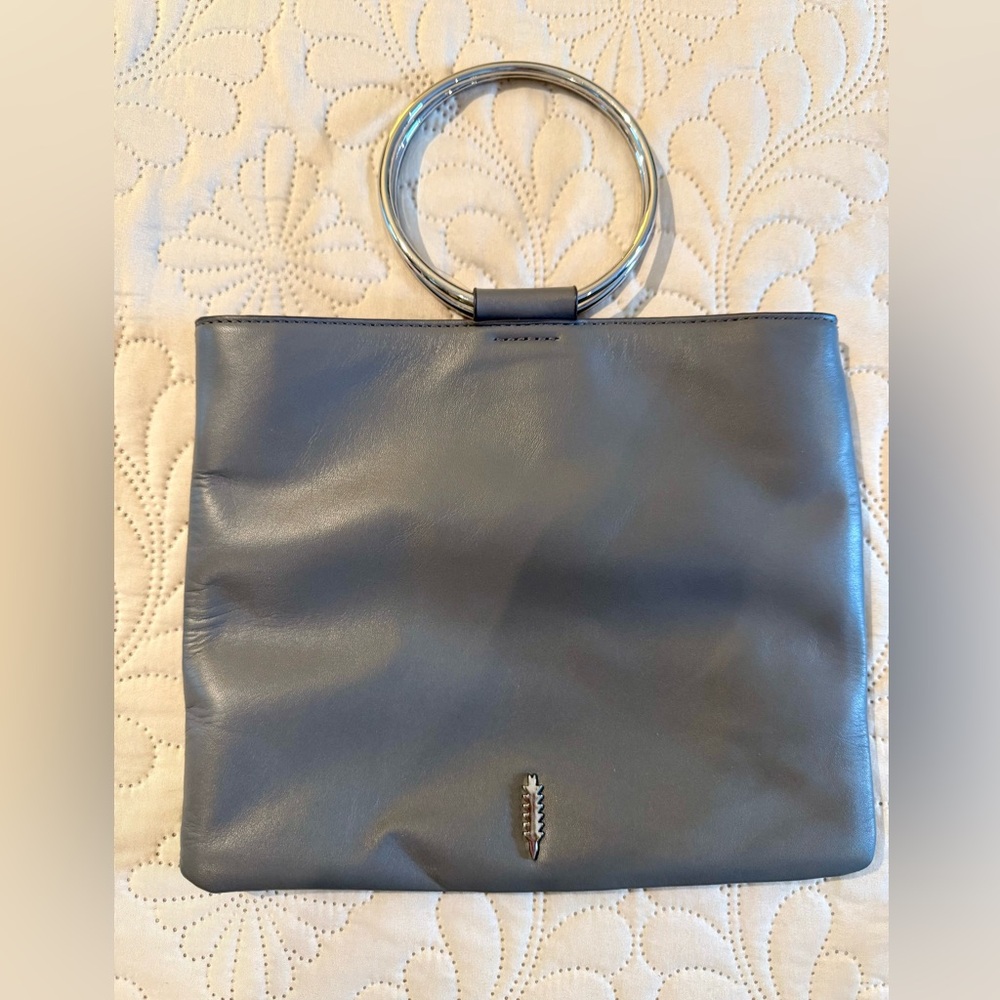 Chic Gray Leather Thacker Handbag with Metal Handle